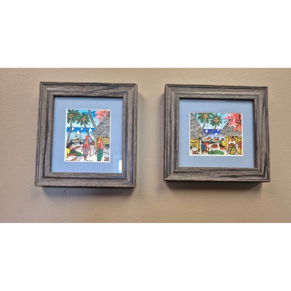 Signed Hand Painted Folk Art Tropical Village Pair Professionally Framed Decor
